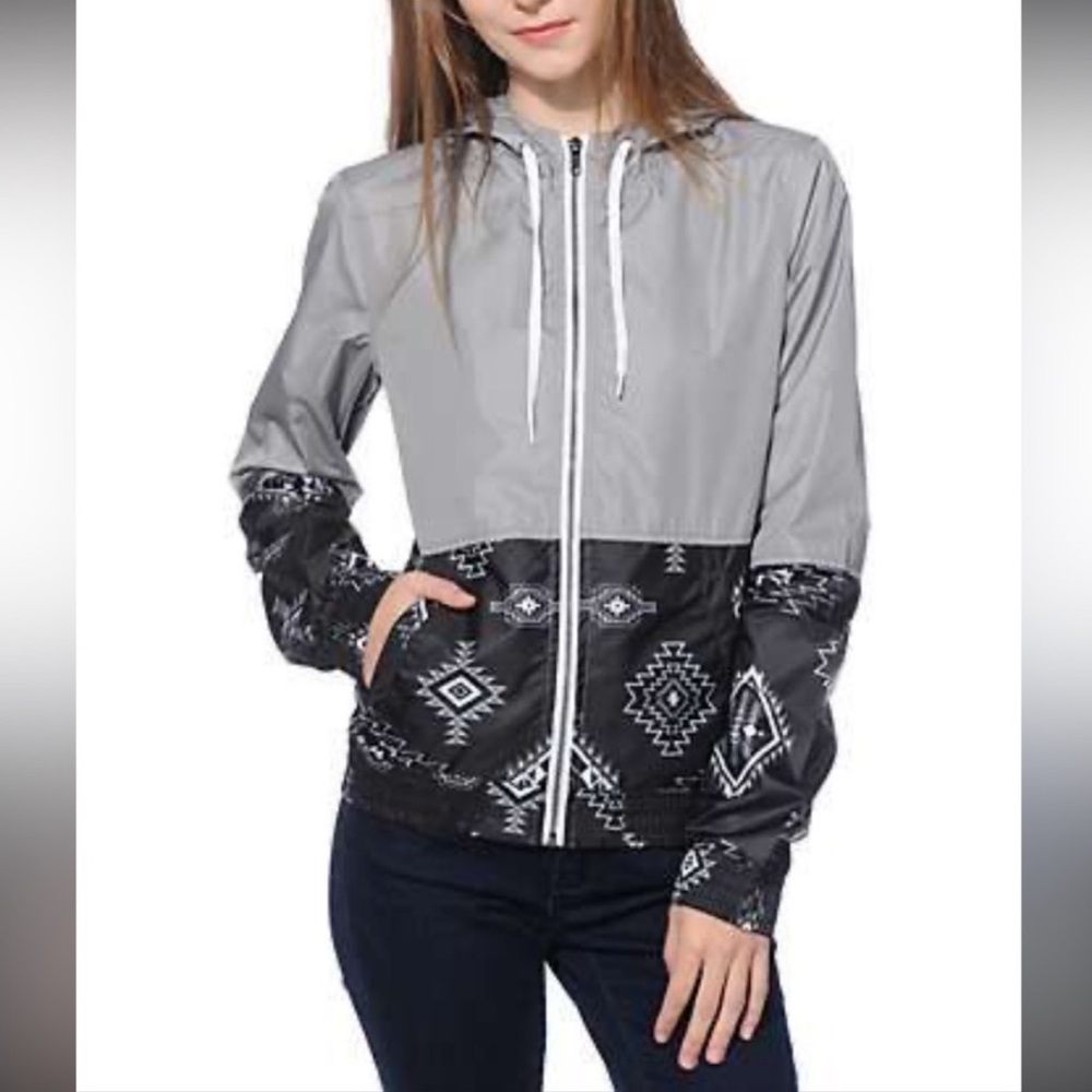 EMPYRE Unisex S Gray Black White Geo Aztec Hoodie Windbreaker Utility Jacket EUC